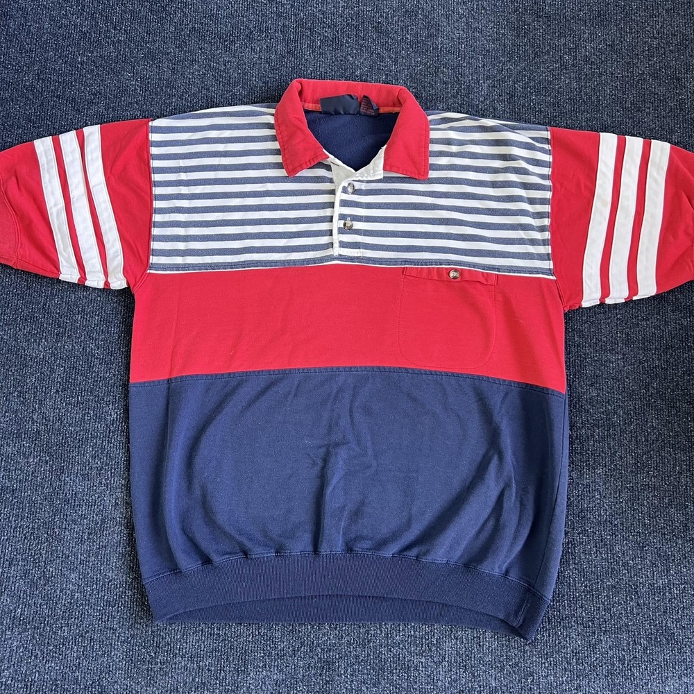 Vintage Robert Bruce Polo Shirt Mens Large Red Navy Stripe Rugby Colorblock Knit